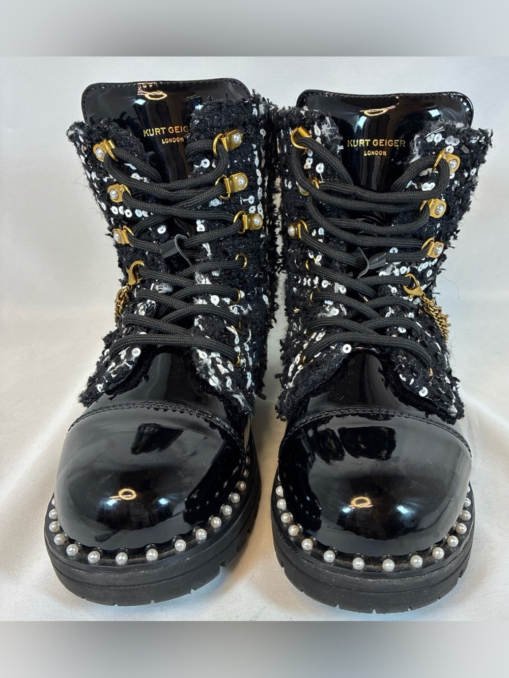 Kurt Geiger London Girls Boots Size 3M Combat Chain  Black Sequined